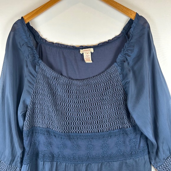 Sundance Crochet Trim Blouse Top Women's Medium Blue Long Sleeve Square Neck - Picture 5 of 7